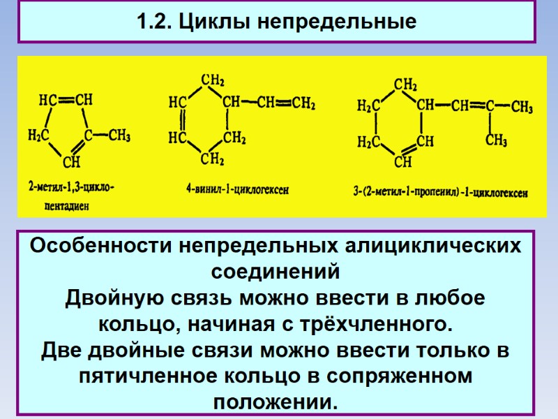 1.2. Циклы непредельные Особенности непредельных алициклических соединений Двойную связь можно ввести в любое кольцо,